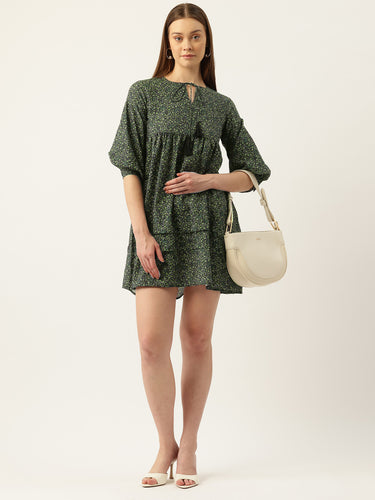 Ditsy Floral Printed Tie-Up Neck Gathered Mini Dress